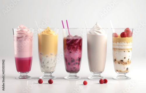 A set of fresh milkshakes and smoothies in glasses with a white background
