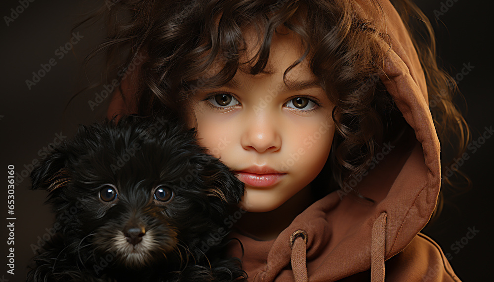Cute small dog, child and puppy smiling, looking at camera generated by AI Cute small dog, child and puppy smiling, looking at camera generated by AI