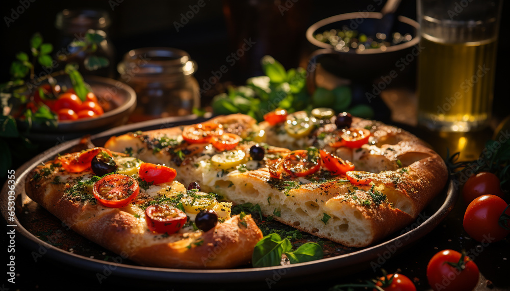Freshly baked homemade pizza on rustic wooden table with mozzarella generated by AI