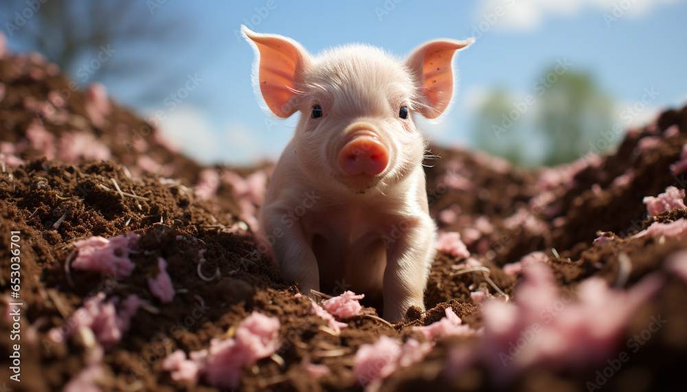 Cute piglet on a farm, surrounded by nature innocence generated by AI Cute piglet on a farm, surrounded by nature innocence generated by AI