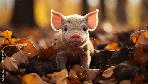 Cute piglet grazing in the meadow, looking at camera generated by AI