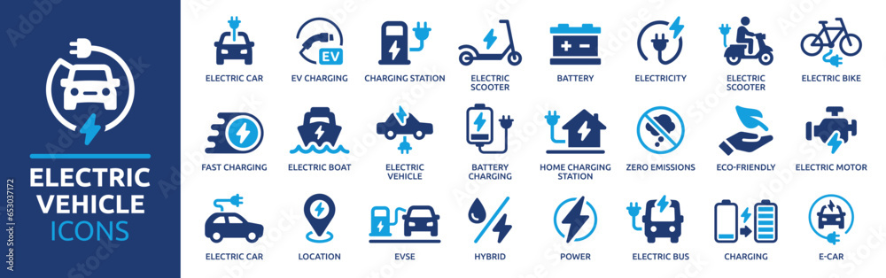Electric vehicle icon set. Containing electric car, charging station, battery, EV charging, e-bike, hybrid, e-car, electric scooter and power. Icons collection. Vector illustration. - obrazy, fototapety, plakaty 