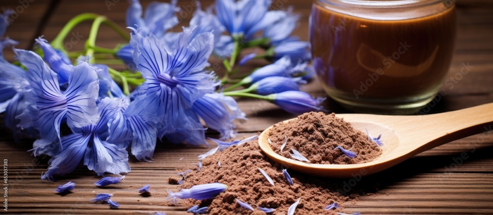 Using chicory root and flowers create a healthy beverage on a rustic wooden backdrop alternative medicine for wellness - obrazy, fototapety, plakaty 