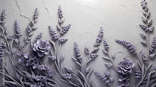 Gray background with lavender flower ornaments © Asep