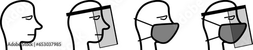 Man Person Head Profile with Face Mask and Face Shield Icon Set. Vector Image.