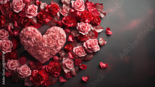 Romantic Roses bouquet Heart Shaped with Dark Background, Valentine Template Background, Copy Space. Generative AI