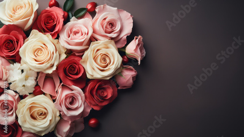 Romantic Roses bouquet with Dark Background, Valentine Template Background, Copy Space. Generative AI
