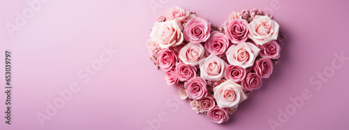 Romantic Roses bouquet Heart Shaped with Pink Background, Valentine Template Background, Copy Space. Generative AI