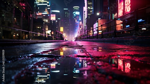 Wet asphalt, city night view, neon reflections © Abdul