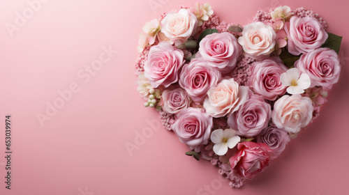 Romantic Roses bouquet Heart Shaped with Pink Background, Valentine Template Background, Copy Space. Generative AI © BussarinK