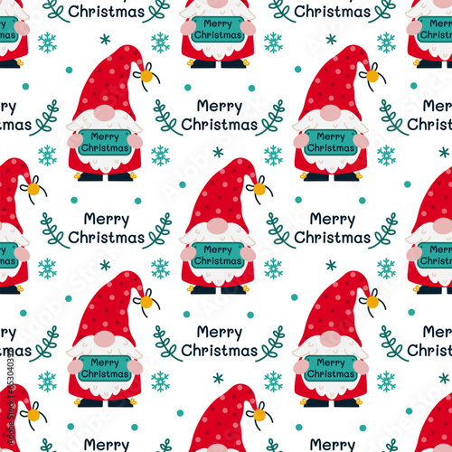 Cute gnome seamless vector pattern. A bearded elf is holding a sign with a wish for Merry Christmas. Santa Claus helper in a polka dot stocking cap, mistletoe branches, snowflakes. Cartoon background