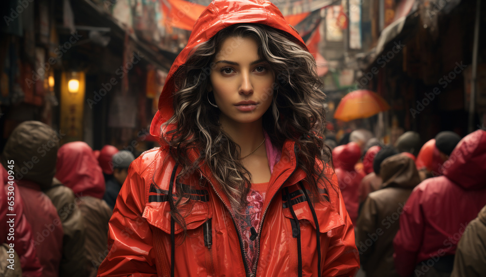 Young woman in raincoat smiling, walking in the autumn rain generated by AI