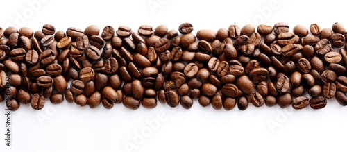 Coffee beans arranged in a border on a white background with space for text