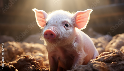 Cute piglet grazing on a farm, enjoying the summer sunset generated by AI