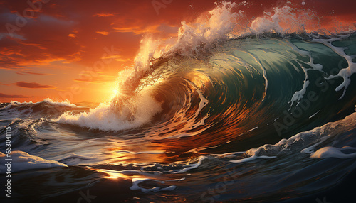 Sunset over the ocean, waves crashing, nature breathtaking beauty generated by AI