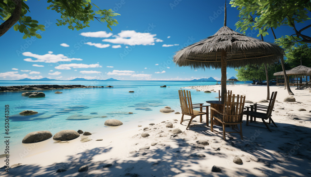Tropical paradise turquoise waves, sandy beaches, palm trees, ultimate relaxation generated by AI