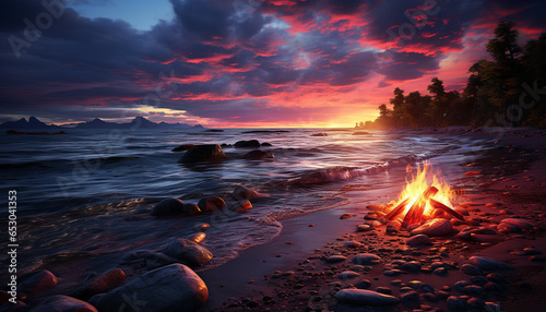 Sunset over the tranquil seascape, a burning campfire reflects nature beauty generated by AI © grgroup