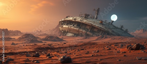 Fototapeta Naklejka Na Ścianę i Meble -  Alien planet with crashed spaceship illustrated in 