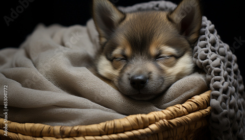 Cute puppy sleeping, fluffy and comfortable in a small basket generated by AI