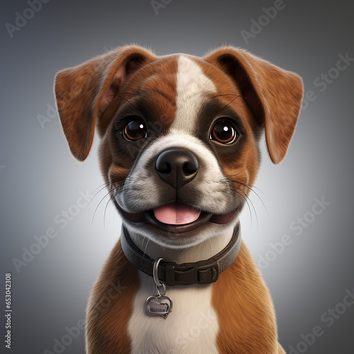 Boxer dog on a grey background. Adorable 3D cartoon animal close-up portrait.