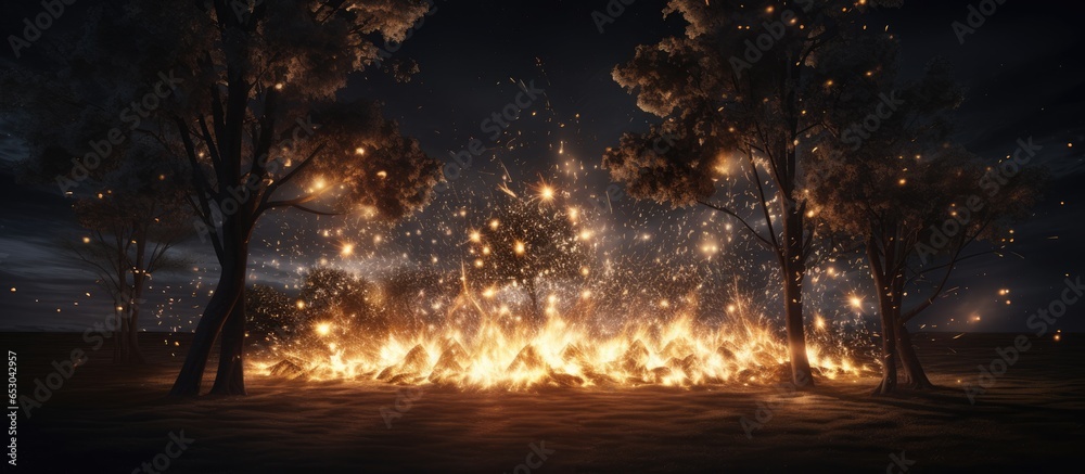 Nighttime forest with large fire and sparks in rendering