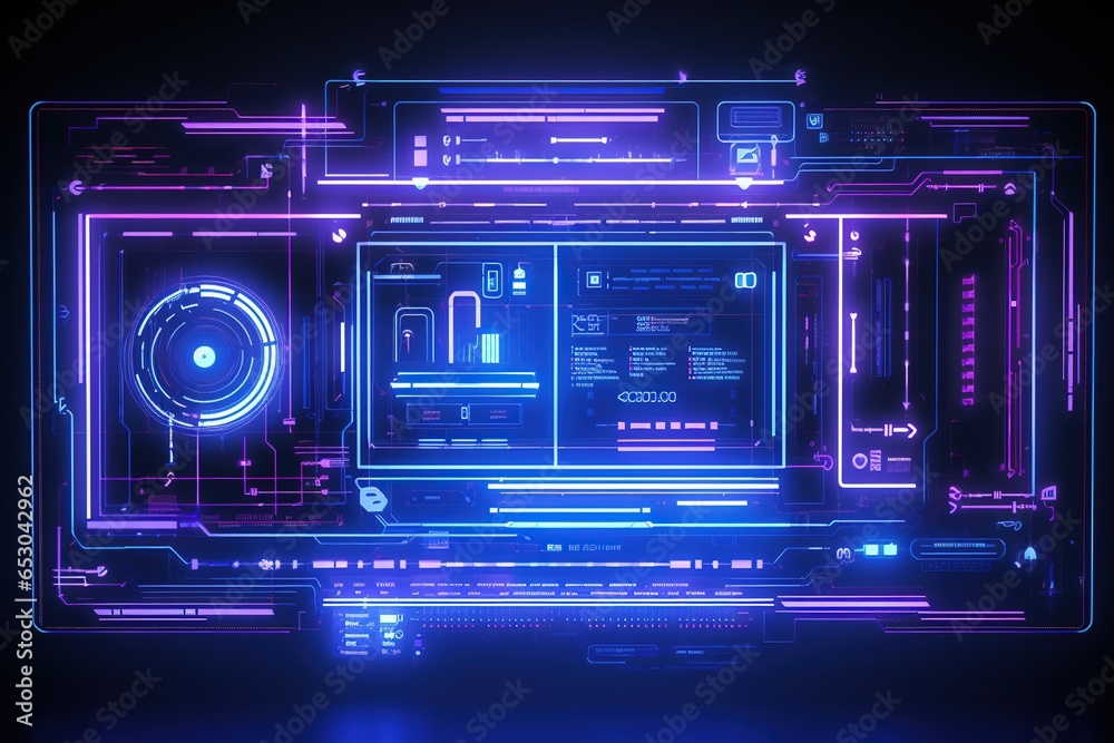 Abstract technology hud interface hologram elements neon lights, circle percent vitality innovation on hi tech future design Abstract technology hud interface hologram elements neon lights, circle percent vitality innovation on hi tech future design