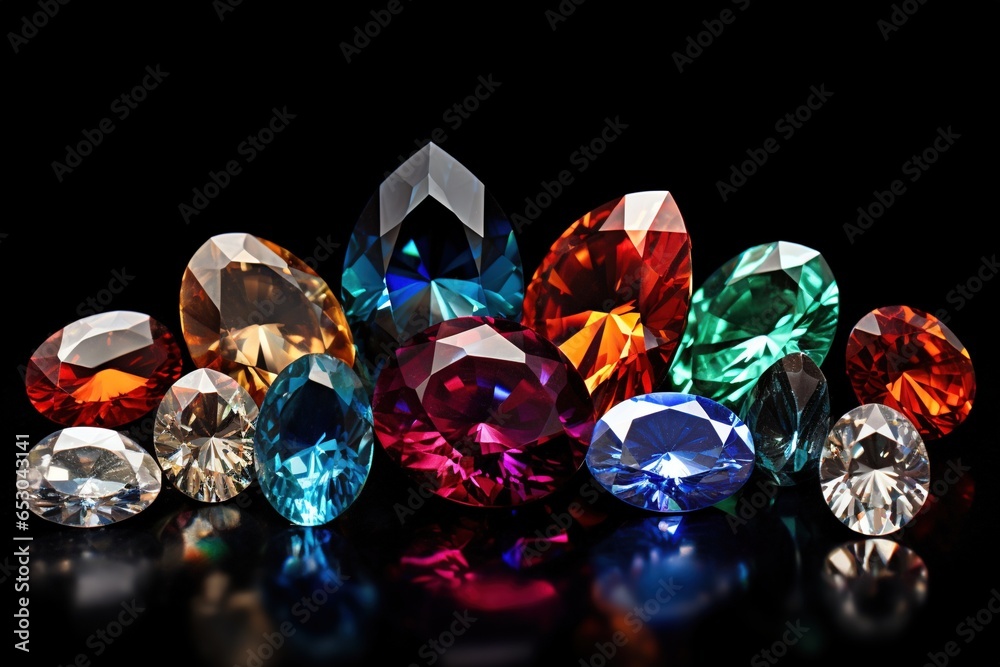 Jewel on black shine color, Collection of many different natural gemstones amethyst, lapis lazuli, rose quartz, citrine, ruby, amazonite, moonstone, labradorite, chalcedony, blue topaz Jewel on black shine color, Collection of many different natural gemstones amethyst, lapis lazuli, rose quartz, citrine, ruby, amazonite, moonstone, labradorite, chalcedony, blue topaz