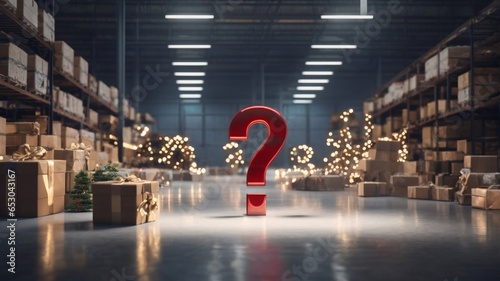 A big red question mark next to some christmas trees and boxes standing in the middle of an empty warehouse or gym with a sepia look, beautiful blurry hidden light indoor background. AI generative.	
