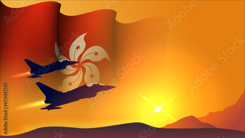 fighter jet plane with hongkong waving flag background design with sunset view suitable for national hongkong air forces day event