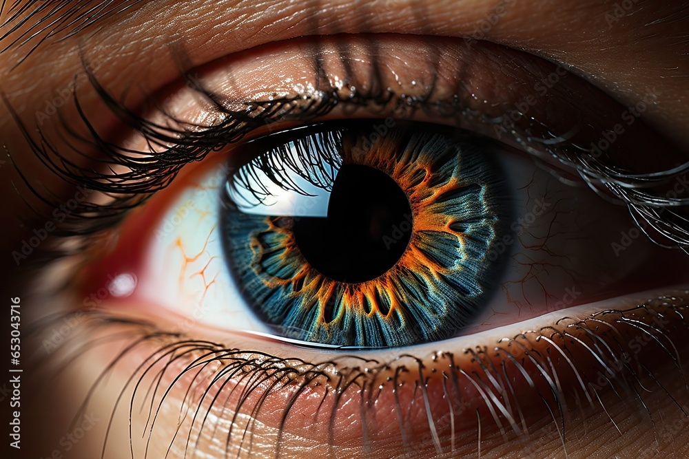 a closeup shoot to blue eyes. reflection at eyeball is clear. optics salon