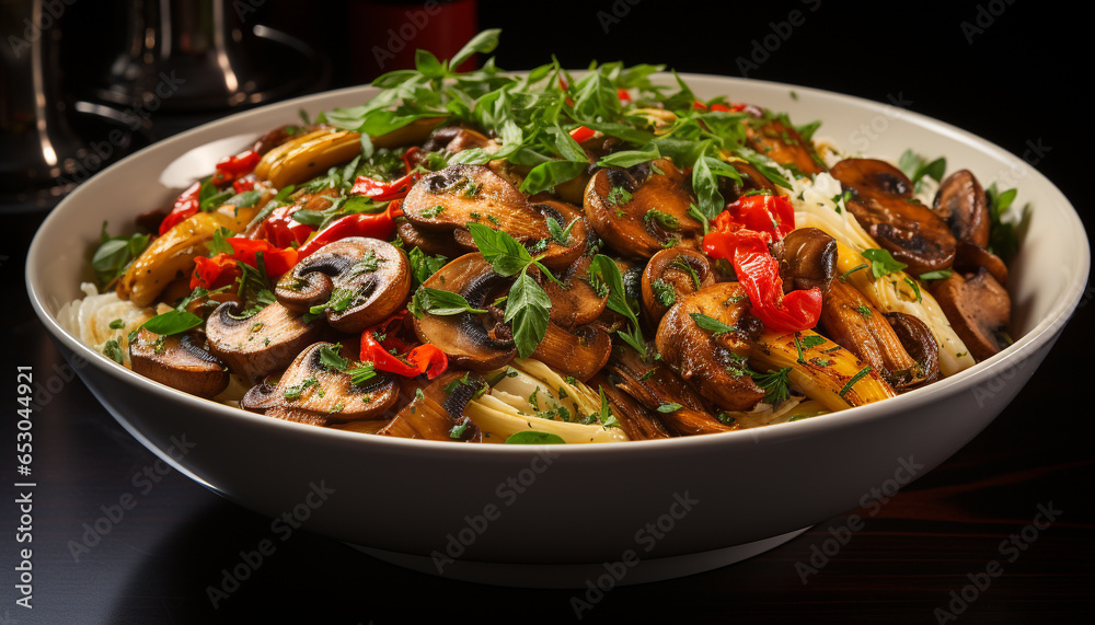 A healthy gourmet meal grilled seafood, vegetarian salad, homemade bread generated by AI A healthy gourmet meal grilled seafood, vegetarian salad, homemade bread generated by AI
