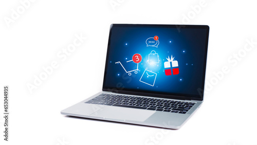 Cart and gift box icon on laptop computer on white background. Online shopping, marketplace platform website, e-commerce technology, dropshipping, logistics, and online payment concept.