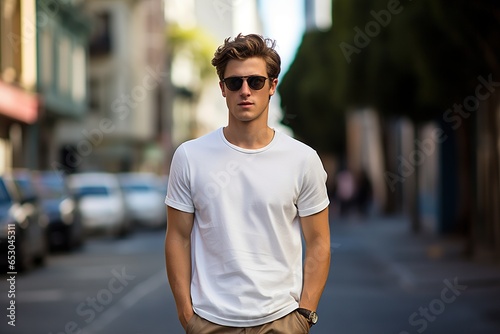 Classic White T-Shirt Male Model on City. 