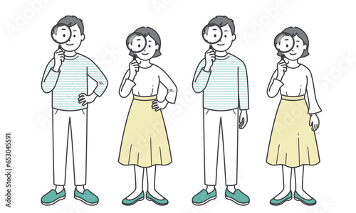 虫眼鏡を持つ成人男女
