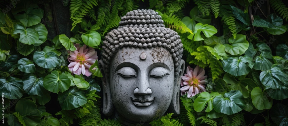 Buddha statue with foliage and indigenous backdrop