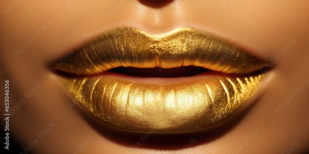 close up of golden lipstick, metal gold lips, generative AI close up of golden lipstick, metal gold lips, generative AI