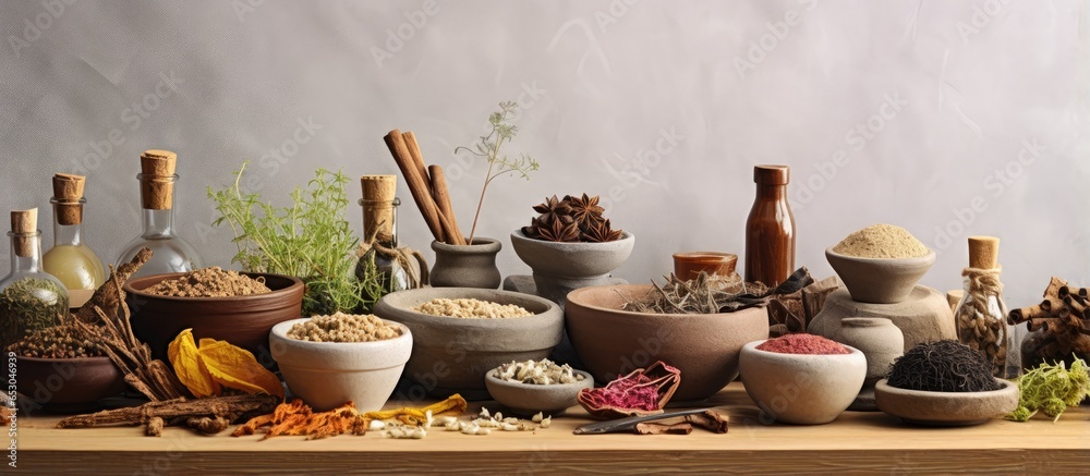 Assorted healing herbs alternative medicine displayed on table with mortar bowls and jars Assorted healing herbs alternative medicine displayed on table with mortar bowls and jars