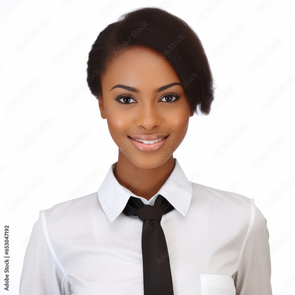 closeup portrait of a beautiful young black african american company office worker business woman smiling looking straight. used for a ad. isolated on white background. square format. Generative AI closeup portrait of a beautiful young black african american company office worker business woman smiling looking straight. used for a ad. isolated on white background. square format. Generative AI