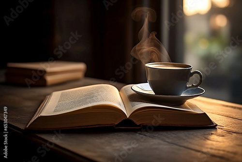 cup of coffee and books, Philosophical Serenity: Books, Coffee, and Contemplation on World Philosophy Day.