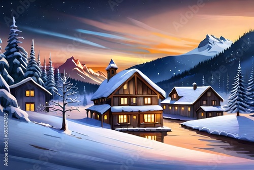winter landscape with house and mountains