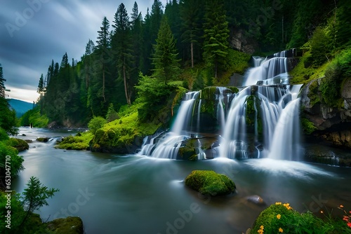 water falling from huge hills with trees and green grass