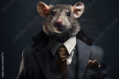 The rat wears a neat suit and tie working in the office, an illustration of a corrupt government