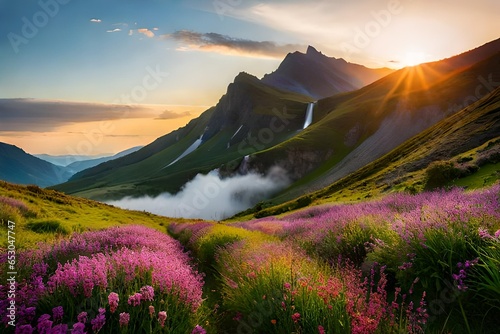 sunrise in the mountains and water falling from mountains with grass and flowers