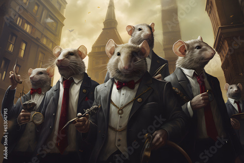 The rat wears a neat suit and tie working in the office, an illustration of a corrupt government