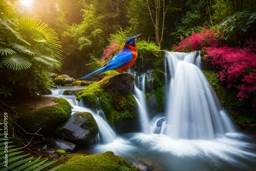 waterfall and bird in green forest at sunrise