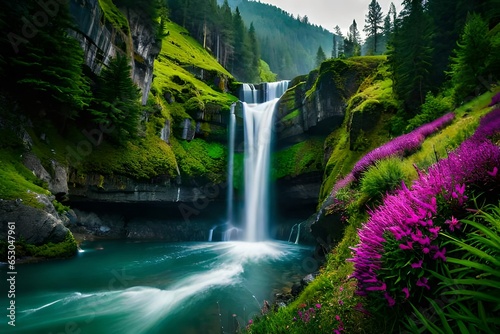 waterfall in the forest, beautiful scene of waterfall in mountains with trees background, wallpaper