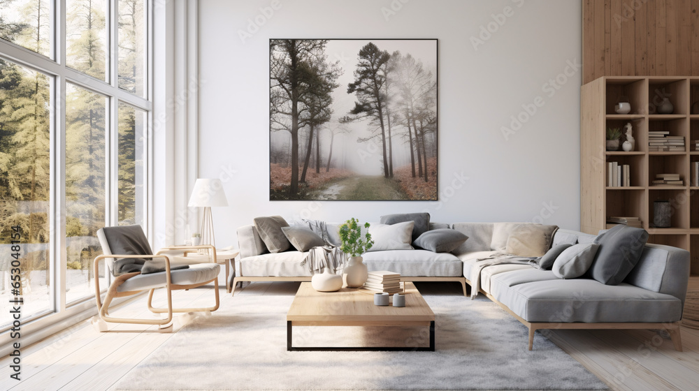 View of Scandinavian interior design for a modern living room featuring an ...