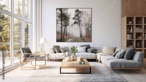 Scandinavian interior design for a modern living room featuring an elegant sofa  framed artwork  a table  and wall