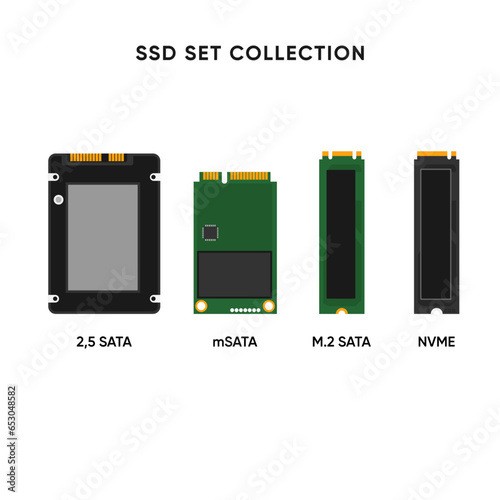 SSD set collection. Parts of computer and PC hardware components in outline collection set. Labeled elements for device and peripherals assembly vector illustration.