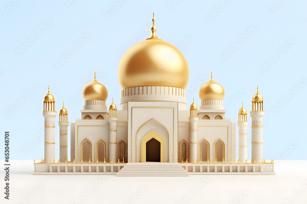 3D rendered miniature golden mosque, background for promotional events for Islamic events